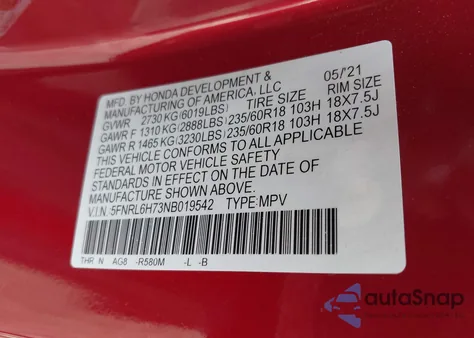 2022 Honda Odyssey Ex-L из США, поврежденный, VIN 5FNRL6H73NB019542